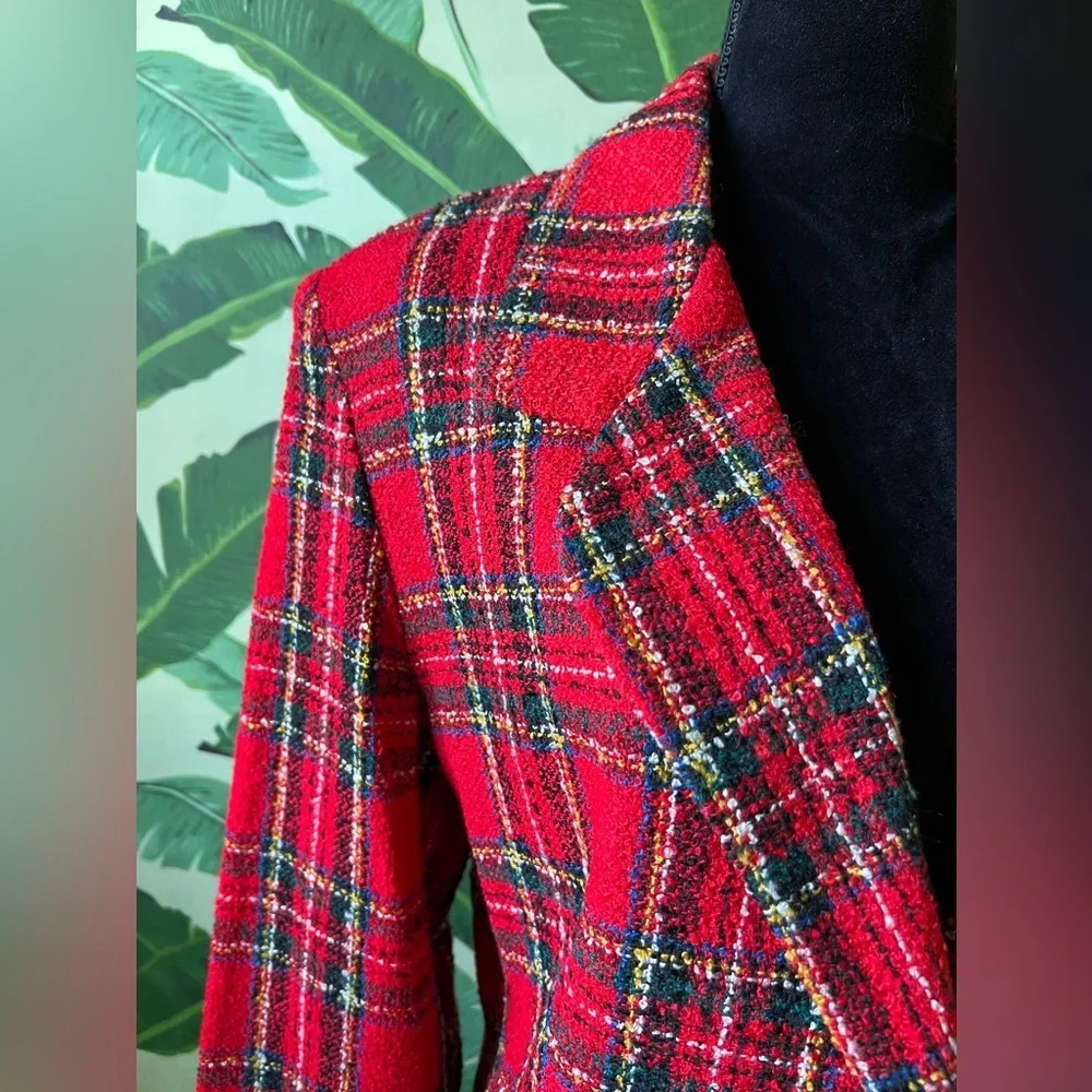 TR Bentley Womens Red Plaid Vintage Tweed Blazer‎ Jacket 12